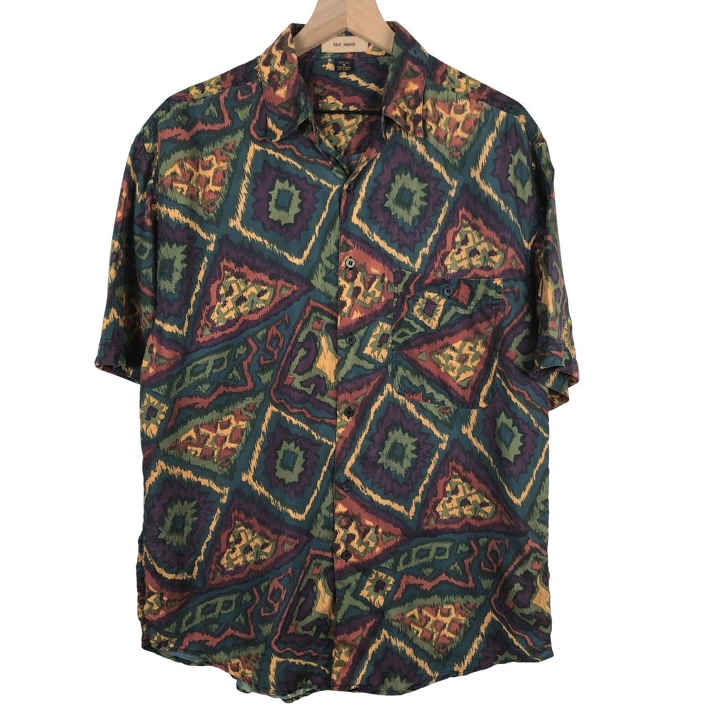 VTG SILK HOUSE 100% Silk Geometric Ikat Print Short Sleeve Button Shirt Men's M